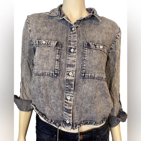 Cloth & Stone Anthropologie Acid Wash Drawstring Waist Denim Shirt NWT Size XS - Picture 1 of 8